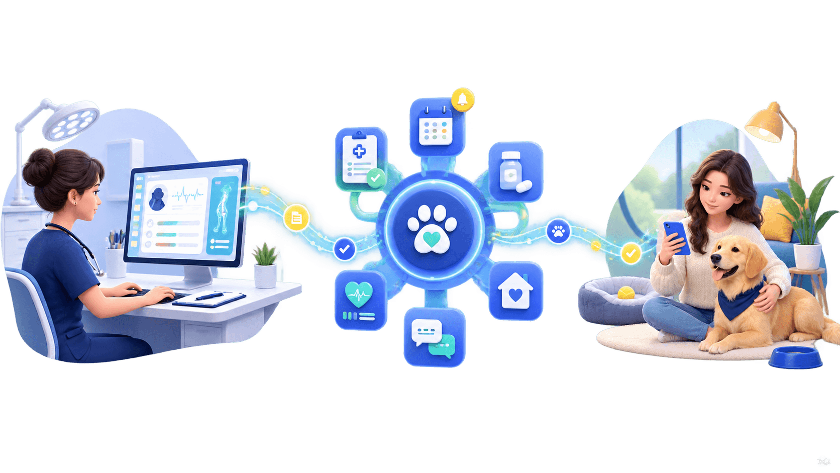 A veterinary clinic connects its clinical record through Vetomo aftercare to a pet owner